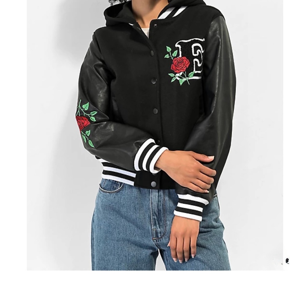 Empyre Aiden Rose Black & White Hooded Bomber Jacket Women’s Size S - Picture 3 of 4